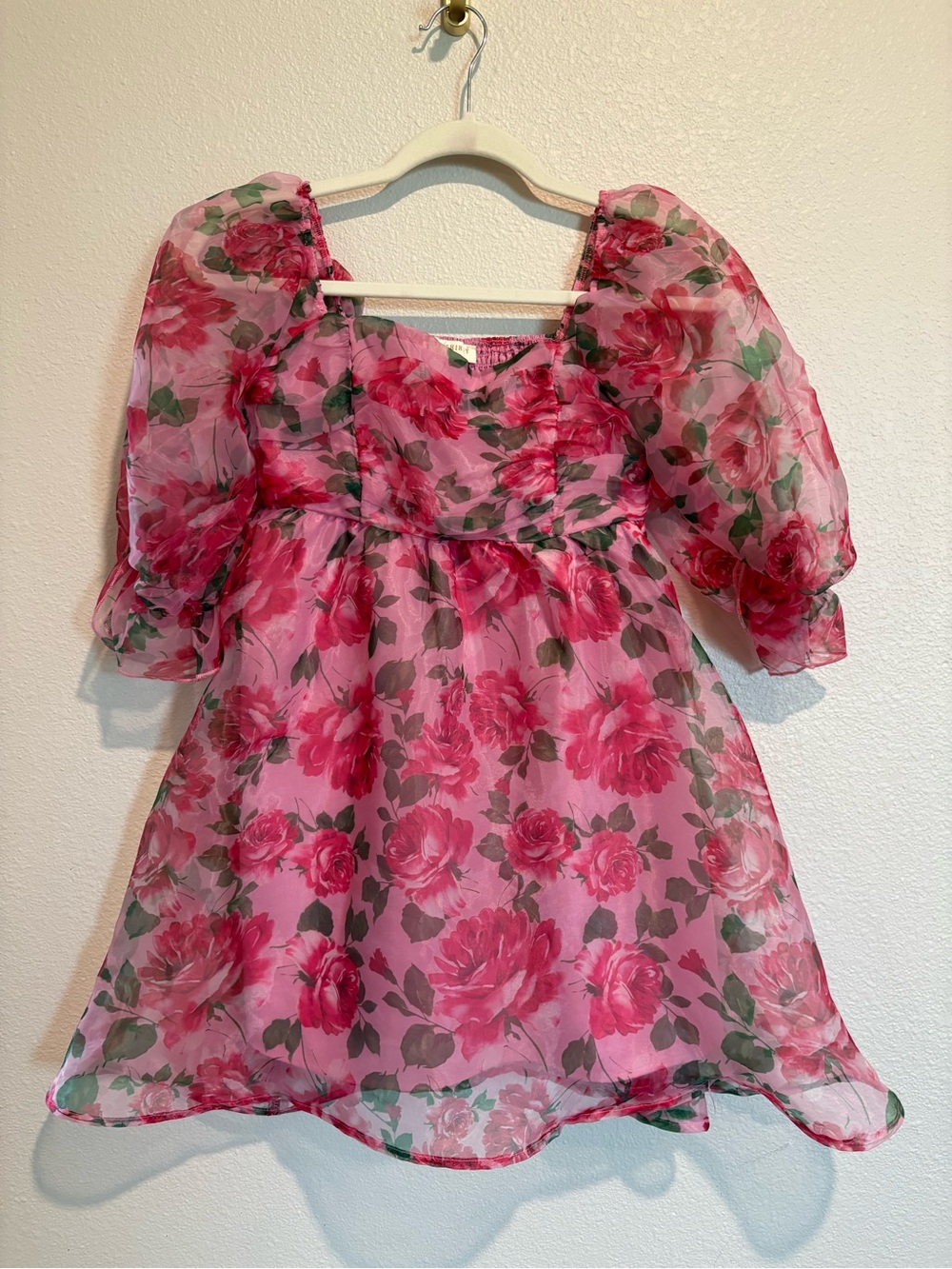 Pink Floral Mini Dress with Puff Sleeves